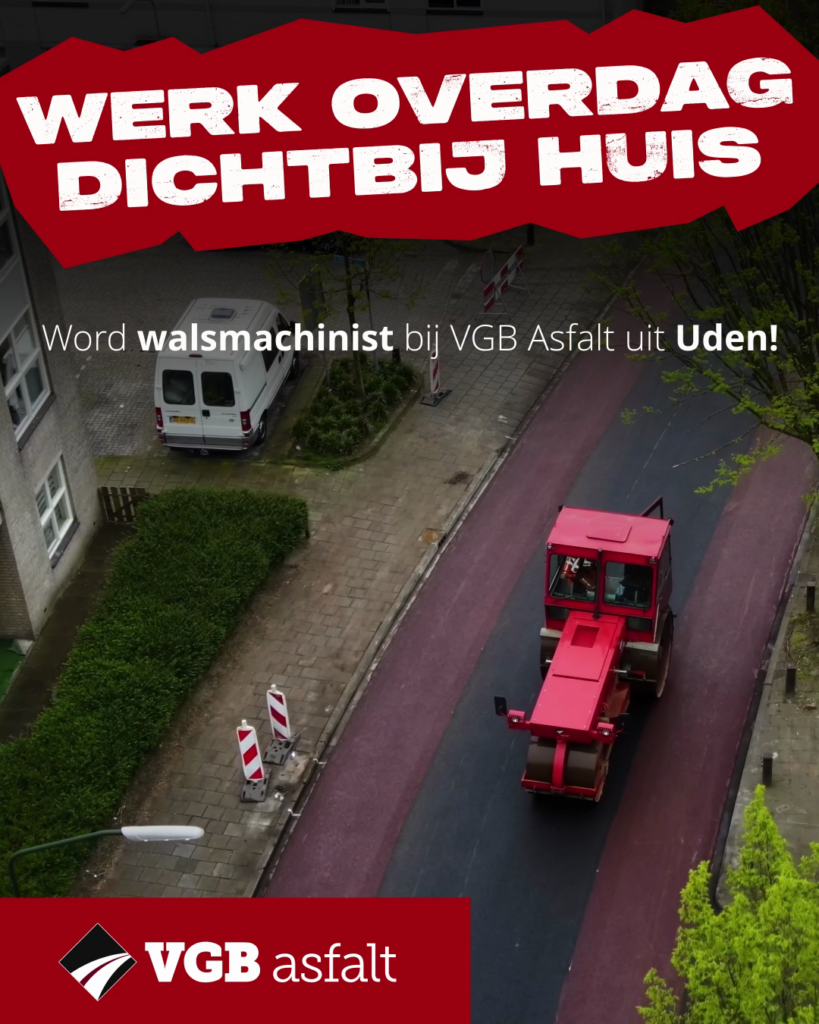 Een beeld uit een wervingsvideo voor VGB Asfalt. "Werk overdag dichtbij huis" "Word walsmachinist bij VGB Asfalt uit Uden!"